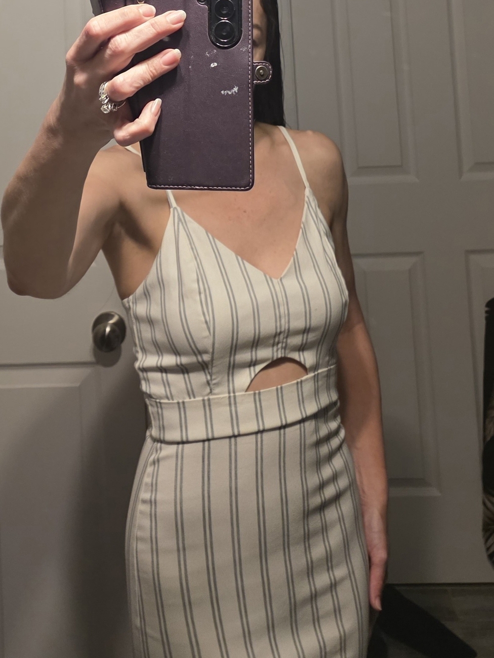 Striped Cream and Blue Cutout Spaghetti Strap Dress